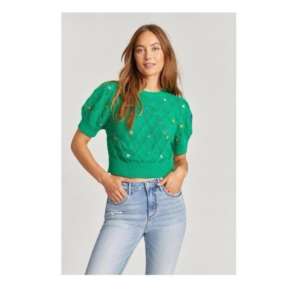 Driftwood All Over Floral Embroidery Knit Cotton Sweater Sz S Green Cropped
